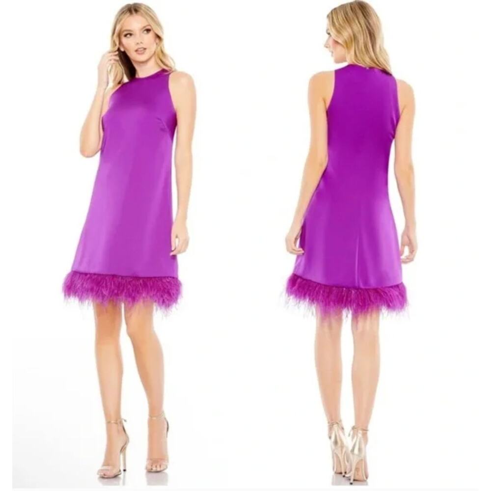 MAC DUGGAL 55805 Feathered Hem High Neck Sleeveless A-Line Dress Size 2 Purple‎